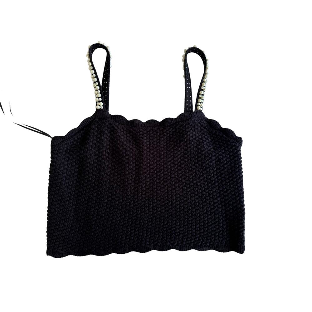 House of Harlow 1960 Large Black Pearl Strap Crop Top Knit Y2K Party Cami - Picture 1 of 8